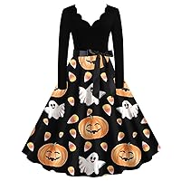 Halloween Dresses for Women Vintage Swing Hepburn Dresses Pumpkin Ghost Pattern Long Sleeve V Neck Belted Tea Party Dresses
