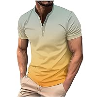 Mens Collarless Polo Shirts Short Sleeve Business Golf Henley Work Shirts Gradient Casual Stylish Athletic Tshirts