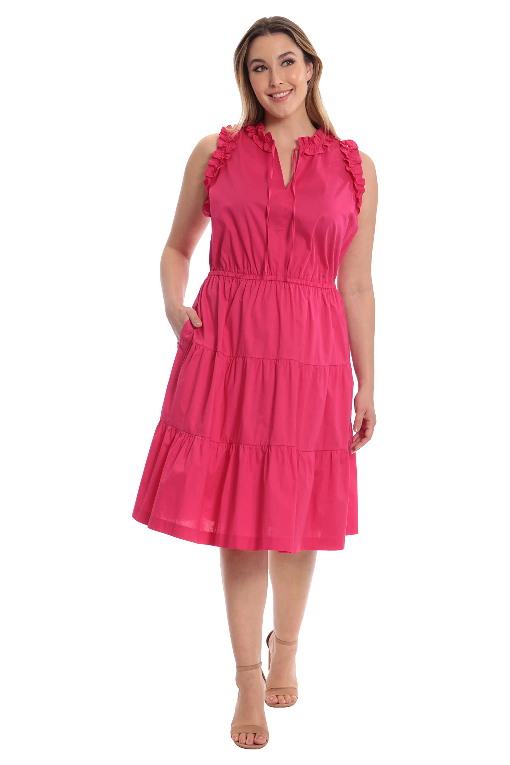 Maggy London Women's V-Neck Tiered Skirt Dress with Tie and Ruffle Details