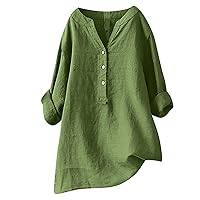 Cotton Linen Tunic Tops for Women Plus Size Button Down Henley Shirts Long Sleeve V Neck Tshirts Loose Comfy Blouse