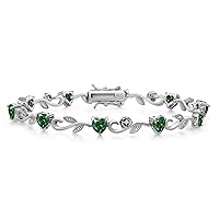 Gem Stone King 925 Sterling Silver Heart Shape Green Nano Emerald and White Lab Grown Diamond Greek Vine Flower Tennis Bracelet For Women (5.04 Cttw, 7.5 Inch)