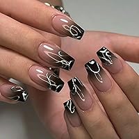 24PCS Press on Nails Medium Square Fake Nails Glossy Pink False Nails Silver Line Black Gradient Designs Full Cover Glue on Nails Reusable Artificial Acrylic Fingernails for Women Girls