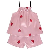 Baby Little Girls Two Piece Sleeveless Satin Silk Pjs Set Cute Pattern Camis Top & Shorts