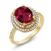 Gem Stone King 18K Yellow Gold Plated Silver Red Created Ruby Ring For Women (3.30 Cttw, Oval 9X7MM, Available in size 5, 6, 7, 8, 9)