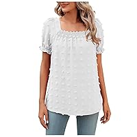 Summer Tops for Women Plus Size Sexy Summer Solid Color Short Sleeve Dot Tops Square-Neck Chiffon T-Shirts Blouse