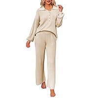 Pink Queen Women's 2 Piece Outfit Sweater Set Long Sleeve Button Knit Pullover Top Wide Leg Pants Pocket Sweatsuit