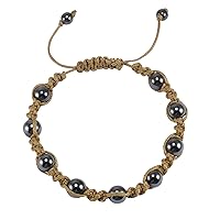 Silvesto India 6-8mm Round Beaded Hematite Simple Adjustable Bracelet with Brown Cord