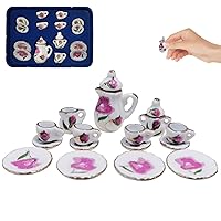Tiny Tea Set, 15pcs/Set 1:12 Scale Mini Tea Set, Flower Pattern Miniatures Dollhouse Porcelain Tea Cup Set for Doll House Kitchen Decor (Lily)