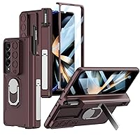 Magnetic Hinge Pen Slot Holder Cases for Samsung Galaxy Z Fold 4 Fold4 5G Case Armor Slide Lens Protect Cover with Glass Film,Dark Red,for Galaxy Z Fold 4