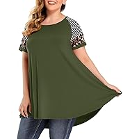 MONNURO Plus Size Tunics Leopard Print Tops For Women Casual Short Sleeve Striped Shirt Loose Fit