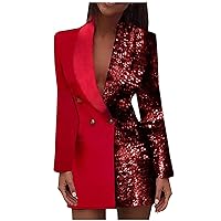 Womens Sequins Tunic Blazer Fashion Asymmetrical Sequin Patchwork Jacket Long Sleeve Double Breasted Blazer Dresses