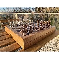 Luxury Personalized Chess Set for Adults Metal Weighted Chess Pieces Handmade Chessmen Wooden Chess Board with Storage 14.5