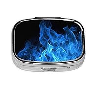 Blue Flame Print Square Pill Box with 2 Compartment Portable Mini Pill Case Metal Pill Organizer Pill Container for Pocket Purse Office Travel