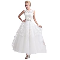 Ivory Lace Bodice Tulle Ankle Length Wedding Dresses With Keyhole Back