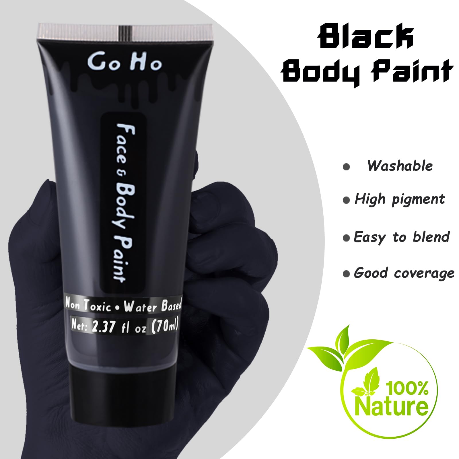 Go Ho Black Body Paint Washable(2.37 oz),Water Based Black Face Paint,Makeup Skull Skeleton Clown Black Face Body Paint for SFX Cosplay Costumes Festivals Halloween Make up