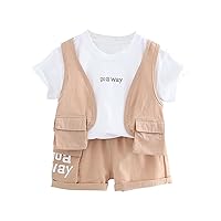 Boy Outfits Kid 3PCS Set Trendy Clothes Child Summer Crewneck Short Sleeve Tops and Shorts and (Khaki, 12-18 Months)