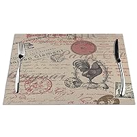 Set of 4 Placemats Writing Vintage French Paris Rooster Provincial Script Francophile Non-Slip Washable Place Mats for Dinner Parties Decor Kitchen Table 12x18 Inch