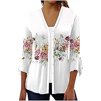 Women Boho Floral Button Down Tunic Shirts Plus Size Summer 3/4 Bell Sleeve V Neck Flowy Blouses Casual Beach Tops