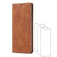 Wallet Case for iPhone 13Mini/13/13 Pro/13 Pro Max, Magnetic Protective PU Leather Stand Book Flip Case with 3 Pack Screen Protector Soft TPU Bumper Anti-Scratch,Brown,13 Mini 5.4
