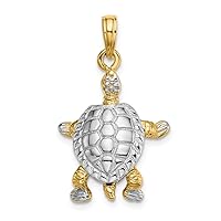 Solid 14k Yellow Gold Two Toned and 3-D Land Turtle Moveable Head Charm Pendant - 15mm x 18mm