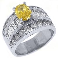 14k White Gold Oval Yellow Diamond & Baguette Engagement Ring 3.56 Carats