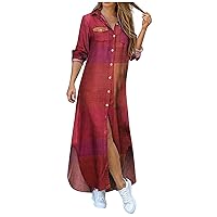 Long Sleeve Dress for Women Summer Casual Loose V Neck Button Down Shirt Dress Gingham Curved Hem Maxi Dress