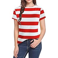 LilyCoco Womens Short Sleeve Striped Shirt Crew Neck Tops Casual Loose Fit Tee Wide Stripe Orange X-Large