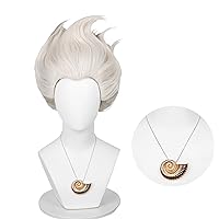 Probeauty Short Grey White Wig for Women Silver Layered Sea Witch Cosplay Wig with Shell Necklace for Halloween Costume Party + Wig Cap
