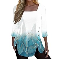 Short Sleeve Shirts for Women Cotton, Women's Tops 3/4 Sleeve Casual Floral Tunic Shirts Fashion Square Neck Flare Blouse Tees Split Hem Spring Clothes, Valentine's Day Sale, Camisas de Mujer