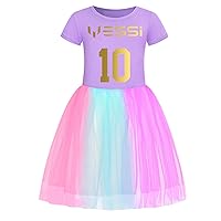 Girls Messi Cute Princess Dress Mini Dresses Casual Soccer Stars Short Sleeve Rainbow Tulle Dress for Summer