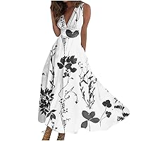 Summer Dresses for Women 2024 Swing A Line Floral Fashion Outdoor Dress Sleeveless V Neck Long Maxi Dress