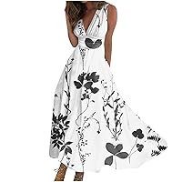 Womens Sleeveless V Neck Spaghetti Strap Pockets Beach Boho Tropical Summer Maxi Dress