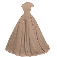 High Neck Prom Dresses Long A Line Lace Applique Evening Party Gown