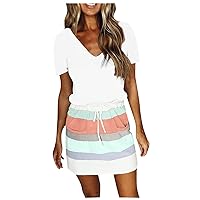 Women's Sundress 2024 Summer Dress Short Sleeve Striped Dresses T-Shirts Casual Crewneck Mini Dresses with Pockets
