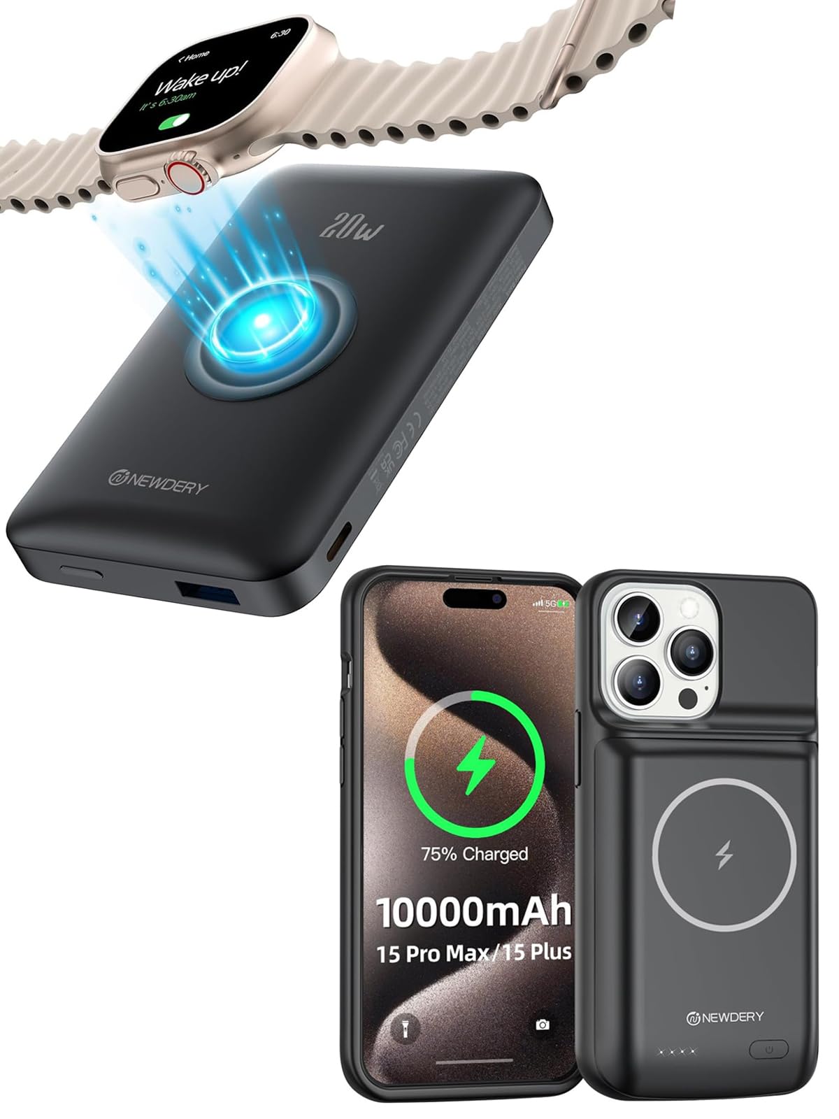 NEWDERY Battery Case for iPhone 15 Pro Max/15 Plus and Magnetic Battery Pack Compatible with Apple Watch, Wireless Charging Case with USB C Cable