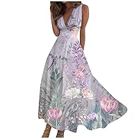 Summer Dress for Women Elegant Sleeveless Cami Pleated Long Dress Wrap V Neck Trendy Formal Cocktail Maxi Dress