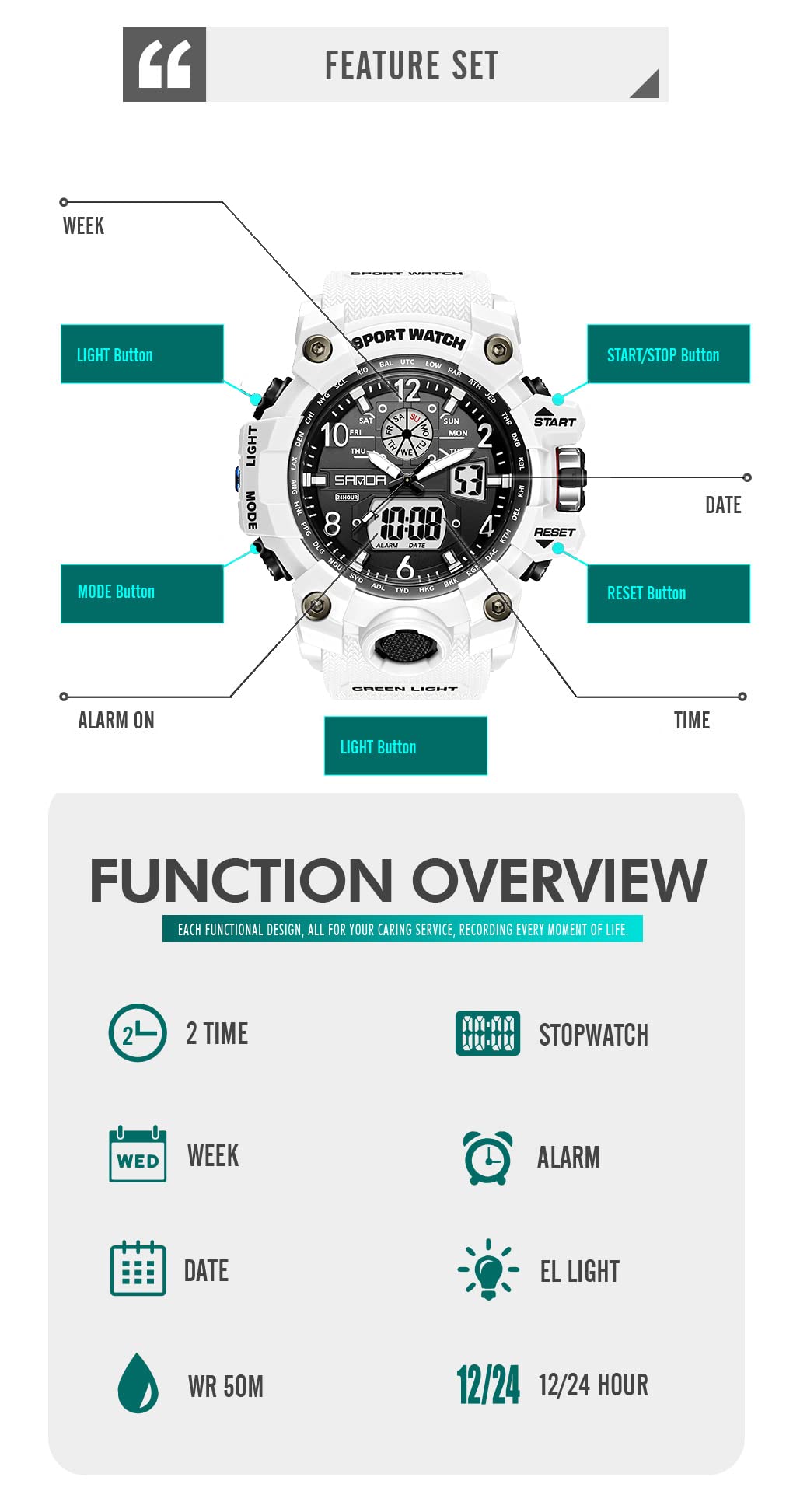 KXAITO Men's Watches Sports Outdoor Waterproof Military Wrist Watch Date Multi Function Tactics LED Alarm Stopwatch 3169