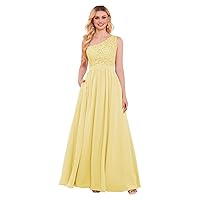 BONOYUER One Shoulder Bridesmaid Dresses for Wedding with Pockets A Line Lace Applique Flowy Chiffon Formal Evening Gown