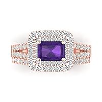 3.05ct Emerald Cut Natural Amethyst 18K Rose Gold Halo Solitaire W/Accents Engagement Bridal Wedding ring band Set