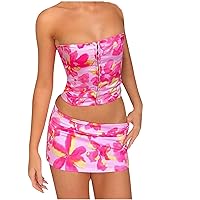 Dresses for Women 2024-Womens Summer Two Piece Sexy Holiday Outfits Trendy Floral Strapless Tube Top Bodycon Mini Dress