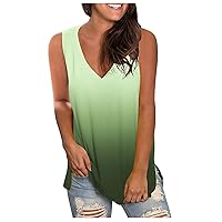 Women Summer Casual T Shirts Deep V Neck Loose Tank Tops 2024 Stylish Tee Tops Gradient Print Lightweight Flowy Shirt