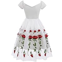 Womens Summer Cap Sleeve Mesh Flowy Wedding Empire Waist Dresses 1950s Wrap V Neck Embroidery Floral Formal Dress