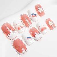 Sun&Beam Nails Handmade Short Medium Square Pink White False Nail Tips with Cute 3D Milk Flower Popular Charm Design Press On Nails 10 Pcs (#26 M)