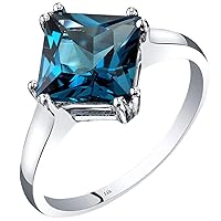 PEORA London Blue Topaz Classic Solitaire Ring for Women 14K White Gold, Natural Gemstone Birthstone, 2.75 Carats Princess Cut 8mm, Comfort Fit, Sizes 5 to 9
