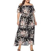 Summer Plus Size Maxi Dresses for Wedding Guest, Women Sexy Floral One Shoulder Short Sleeve Long Dress