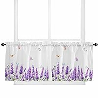 Lavender 2 Panel Kitchen Curtains for Small Windows, Purple Spring Floral Botanical Butterfly Bathroom Tier Curtain, Short Window Treatment for Bedroom/Living Room 55