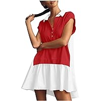 Color Block Henley Shirt Dress Women Button Lapel Short Sleeve Patchwork Mini Dresses Summer 2024 Casual Tunic Dress