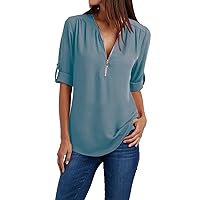 Summer Tops for Women 2024 Trendy Plus Size Long Sleeve V Neck Half Zip Up Tunic Shirts Dressy Casual Loose Fit Cute Blouses