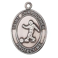 CB Catholic Jeweled Cross-Sterling Silver Oval Devotional Sports Medal with 24-Inch Neck Chain, Men's Soccer