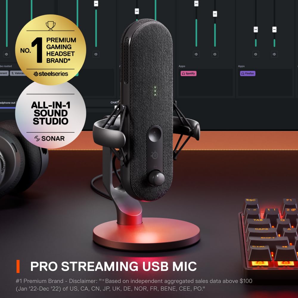 SteelSeries Alias USB Mic for PC — 3X Bigger Capsule for Gaming, Streaming and Podcasting — Sonar for Streamers Audio Software — AI Noise Cancelling — LED Mute & Level Monitoring — Shock Mount